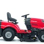Trattorino tagliaerba rosso Troy-Bilt Horse 105T-R con scarico posteriore e cesto di raccolta.