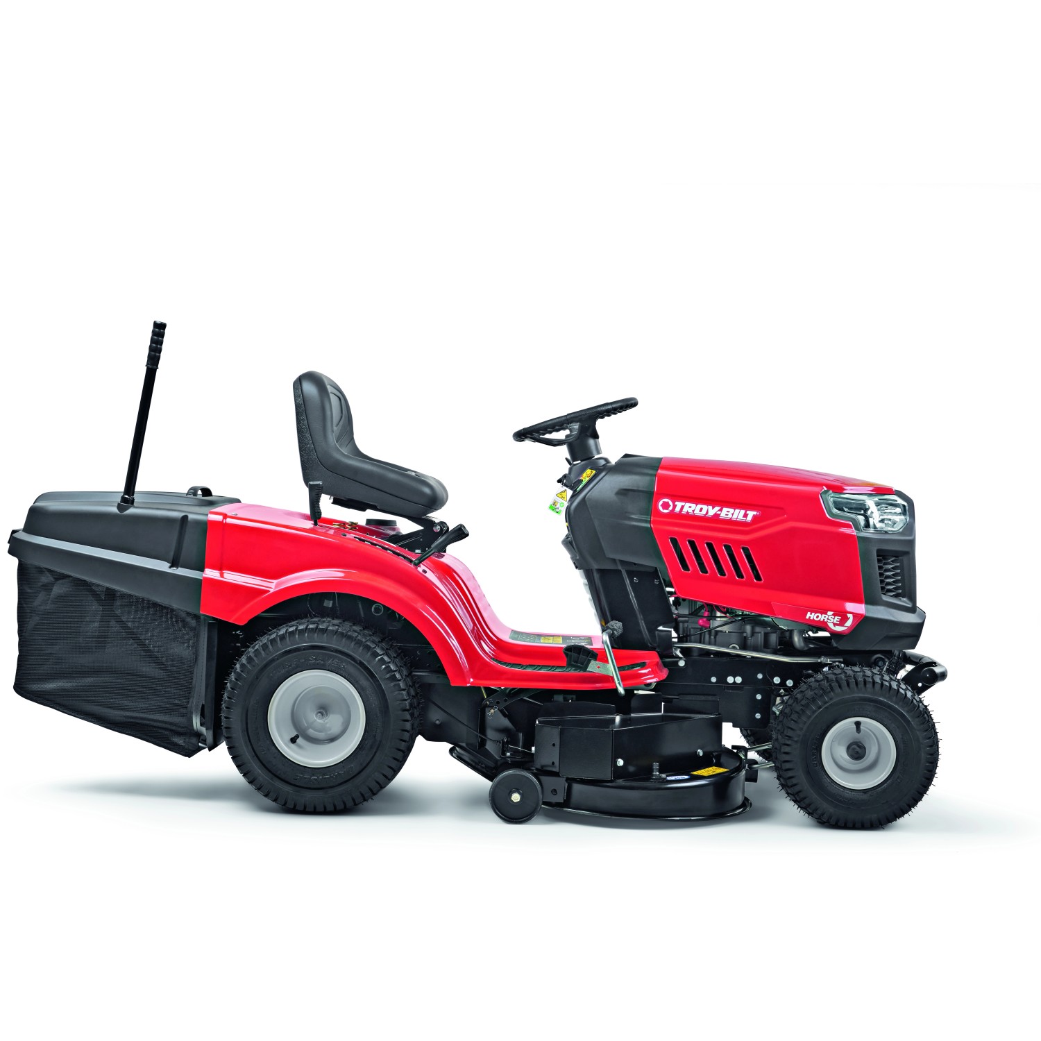 Trattorino tagliaerba rosso Troy-Bilt Horse 105T-R con scarico posteriore e cesto di raccolta.