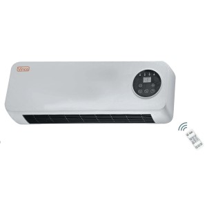 Termoventilatore elettrico da parete bianco con display digitale e telecomando.