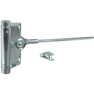 Chiudiporta argentato con braccio e piastra di montaggio per la sicurezza della porta.