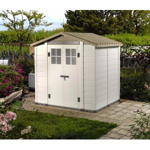Casetta da giardino in plastica con doppia porta e tetto a due falde. Ideale per riporre gli attrezzi da giardino.