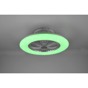 Plafoniera LED moderna con anello luminoso verde e ventilatore.