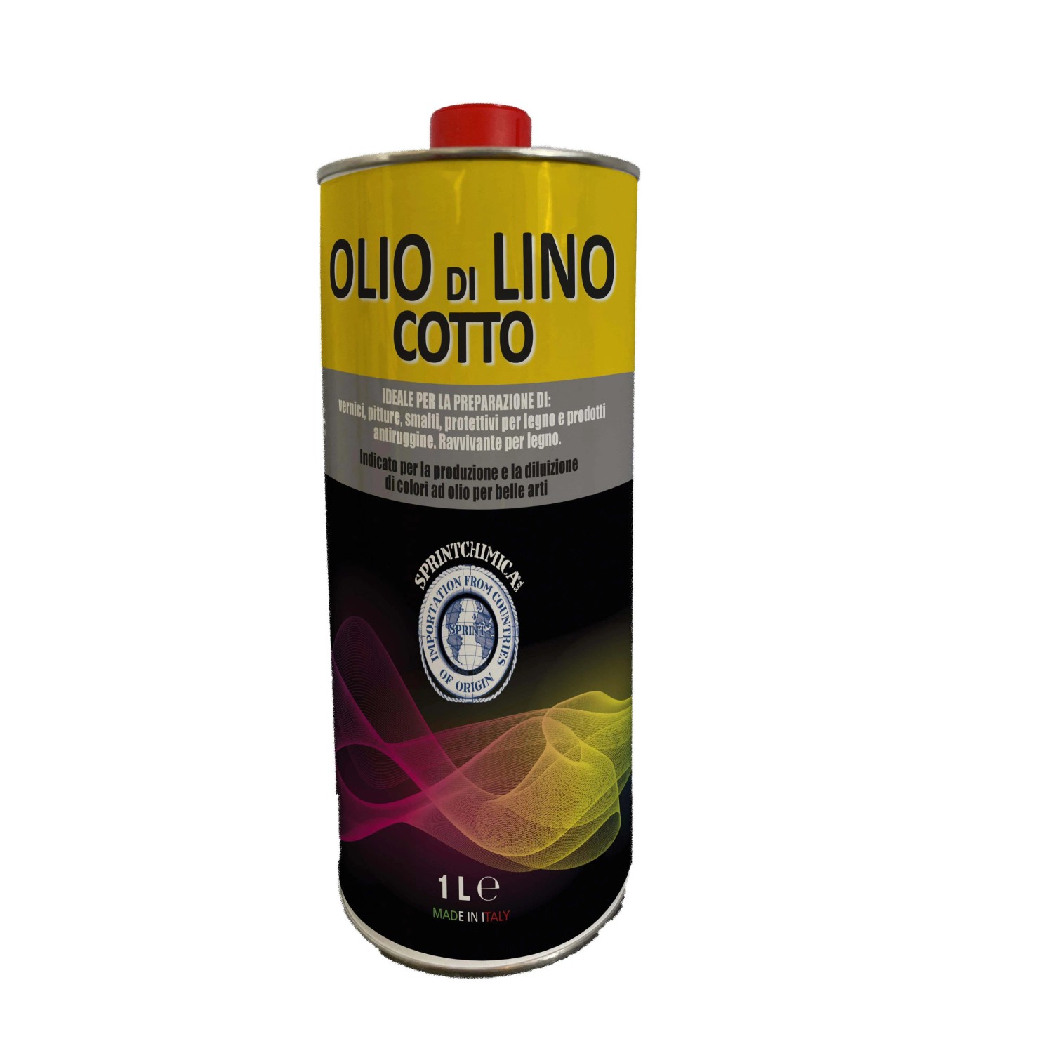 Olio per legno t.b.t. in latta gialla con tappo rosso.