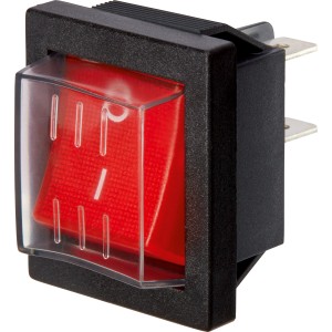 Interruttore a bilanciere nero con attuatore rosso e cappuccio protettivo trasparente per installazione lampade.