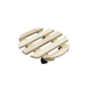 Carrello portapiante rotondo in legno con ruote per un facile trasporto.