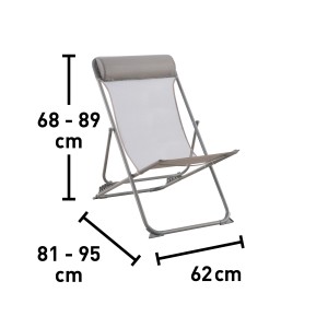 Sedia da campeggio con dimensioni: altezza 68-89 cm, larghezza 81-95 cm, profondità 62 cm.