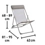 Sedia da campeggio con dimensioni: altezza 68-89 cm, larghezza 81-95 cm, profondità 62 cm.