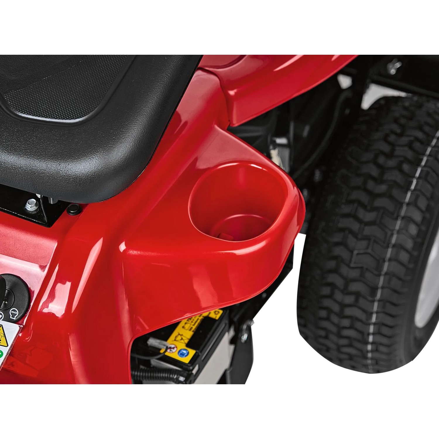 Dettaglio: Tosaerba rider Troy-Bilt Mini-Rider 60T-R rosso con portabibite e pneumatico.