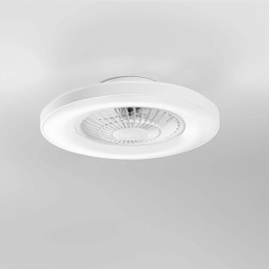 Plafoniera LED bianca con ventilatore integrato.