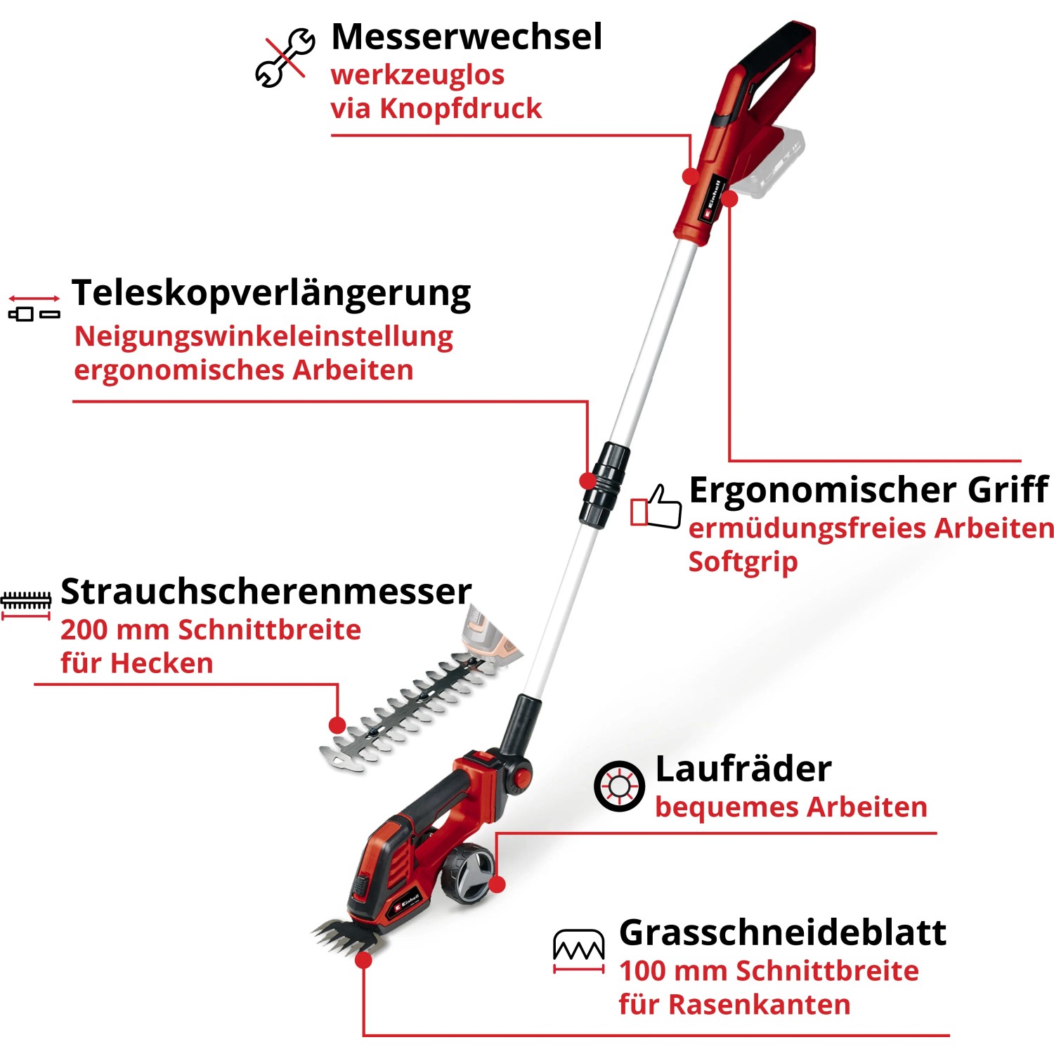 Einhell Power X-Change GE-CG 18/100 Li T-Solo cesoie per erba e arbusti a batteria con manico telescopico.