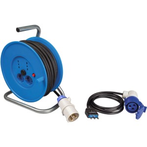 Avvolgicavo blu con cavo nero e diverse spine.