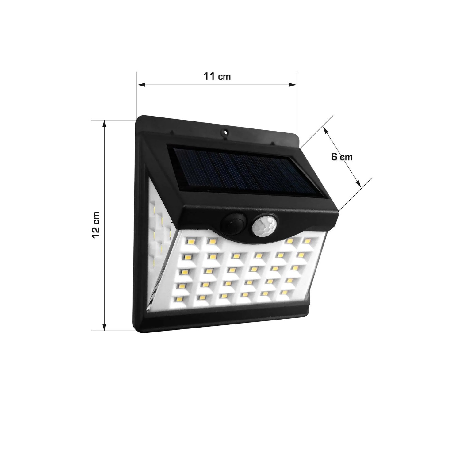 Segnapasso LED t.b.t. nero con pannello solare e sensore di movimento, dimensioni 12x11x6cm.