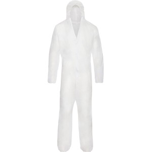 Tuta monouso bianca XL in polipropilene con cappuccio per lavori di bricolage e costruzione.