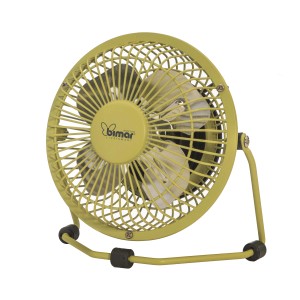 Ventilatore da tavolo giallo con griglia di protezione e base.
