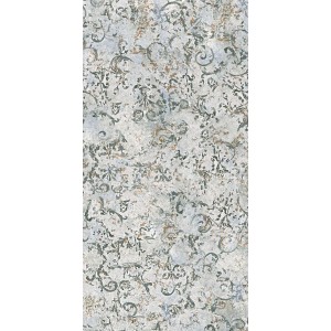 Piastrella decorativa per pavimenti con motivo floreale in toni di grigio e beige.