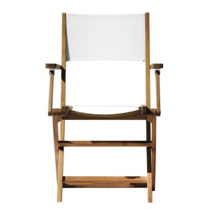 Sedia da giardino t.b.t. con struttura in legno e tessuto bianco.