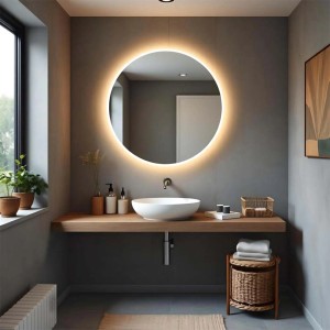 Specchio da parete rotondo a LED t.b.t. in bagno moderno.