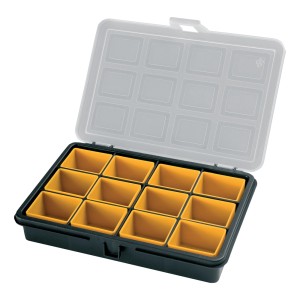 Scatola portaminuteria aperta con scomparti gialli e coperchio trasparente.