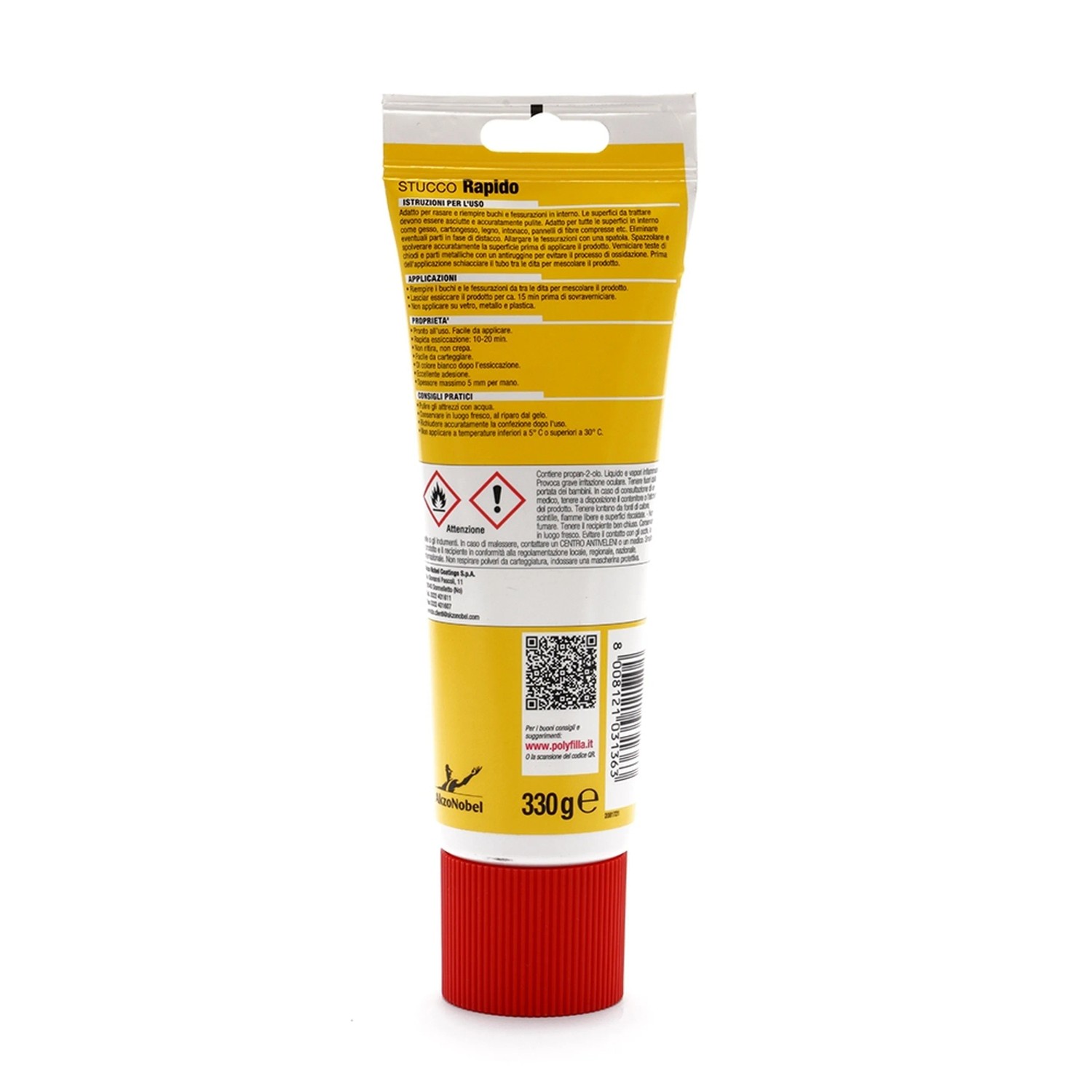 Tubo di stucco riempitivo giallo t.b.t. con tappo rosso per riparazioni a muro.