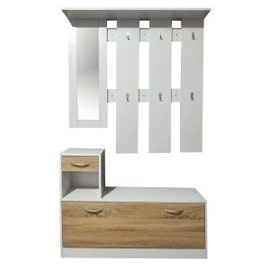 Scarpiera t.b.t. con specchio e appendiabiti, bianco e effetto legno.