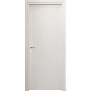 Porta interna bianca con design semplice e maniglia argentata.