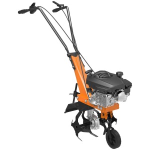 Motozappa arancione con motore e maniglie neri.