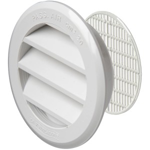 Griglia di ventilazione t.b.t. bianca, rotonda con lamelle e inserto a griglia.