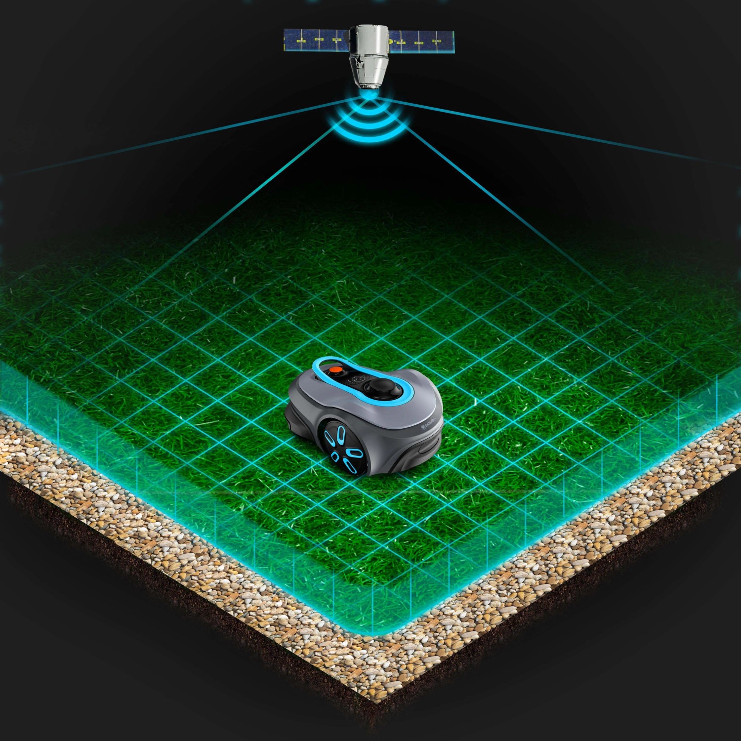 Robot tagliaerba t.b.t. con connessione satellitare su prato.