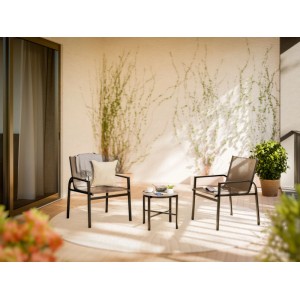 Set mobili da balcone Tapena 3 pezzi con 2 sedie e tavolo, acciaio/tessuto nero-tortora.