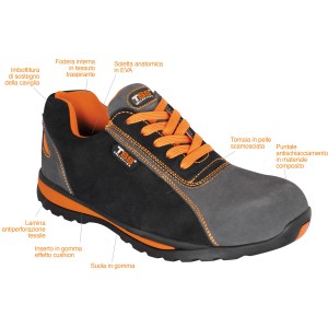 Scarpa da lavoro t.b.t.: Scarpa antinfortunistica nera e grigia con lacci e dettagli arancioni.