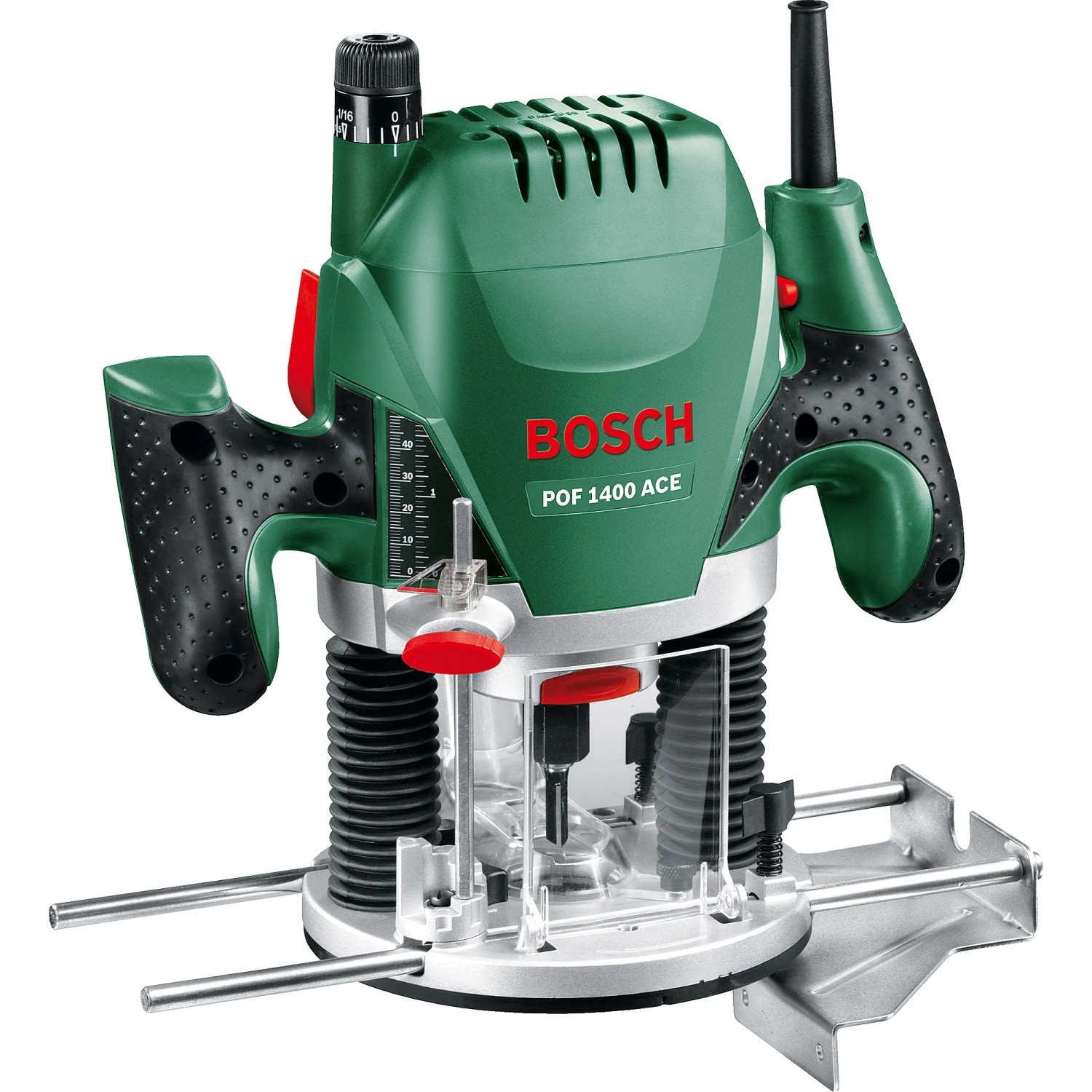 Fresatrice Bosch 1400 ACE: Fresatrice potente con corpo verde e accessori.
