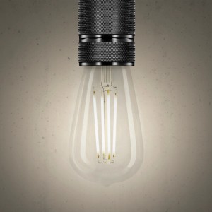 Lampadina LED E27 t.b.t. con bulbo in vetro trasparente e base nera.