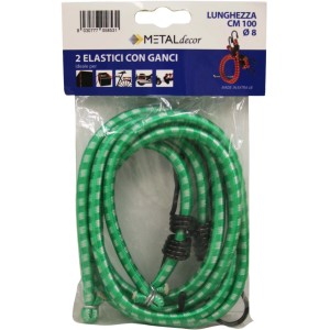 Set di tenditori elastici verdi e bianchi con ganci, lunghezza 100cm, per fissaggio carichi.