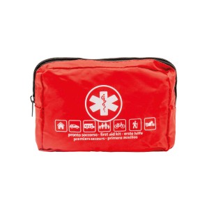 Kit di pronto soccorso rosso con simbolo di emergenza bianco per auto, bici e altro.