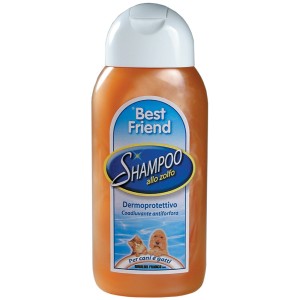 Shampoo per cani Best Friend allo zolfo, flacone arancione con tappo bianco.