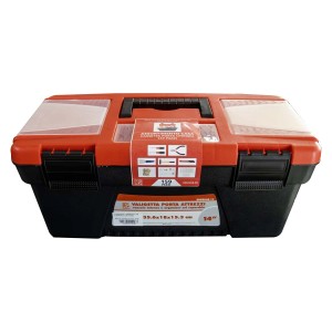 Cassetta porta attrezzi arancione e nera, vuota.