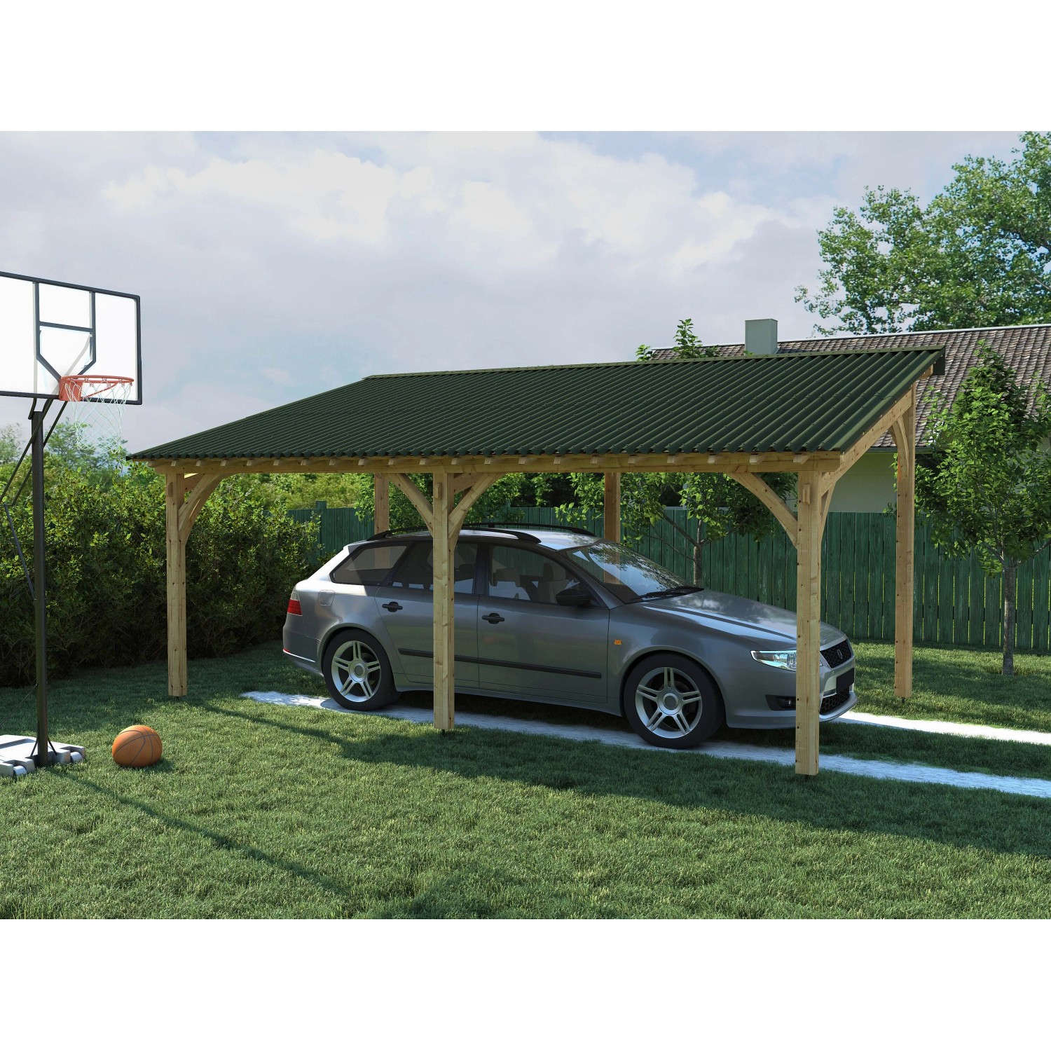 Posto auto coperto con pannelli bituminosi e auto in giardino.