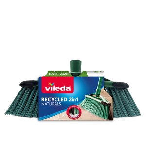 Scopa Vileda Recycled 2in1 per polvere e capelli, setole verdi.