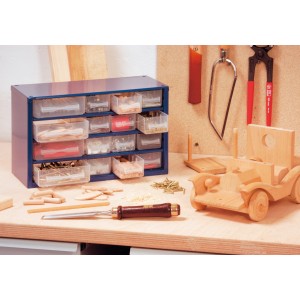 Armadio Portaminuteria blu con cassetti trasparenti pieni di piccole parti.