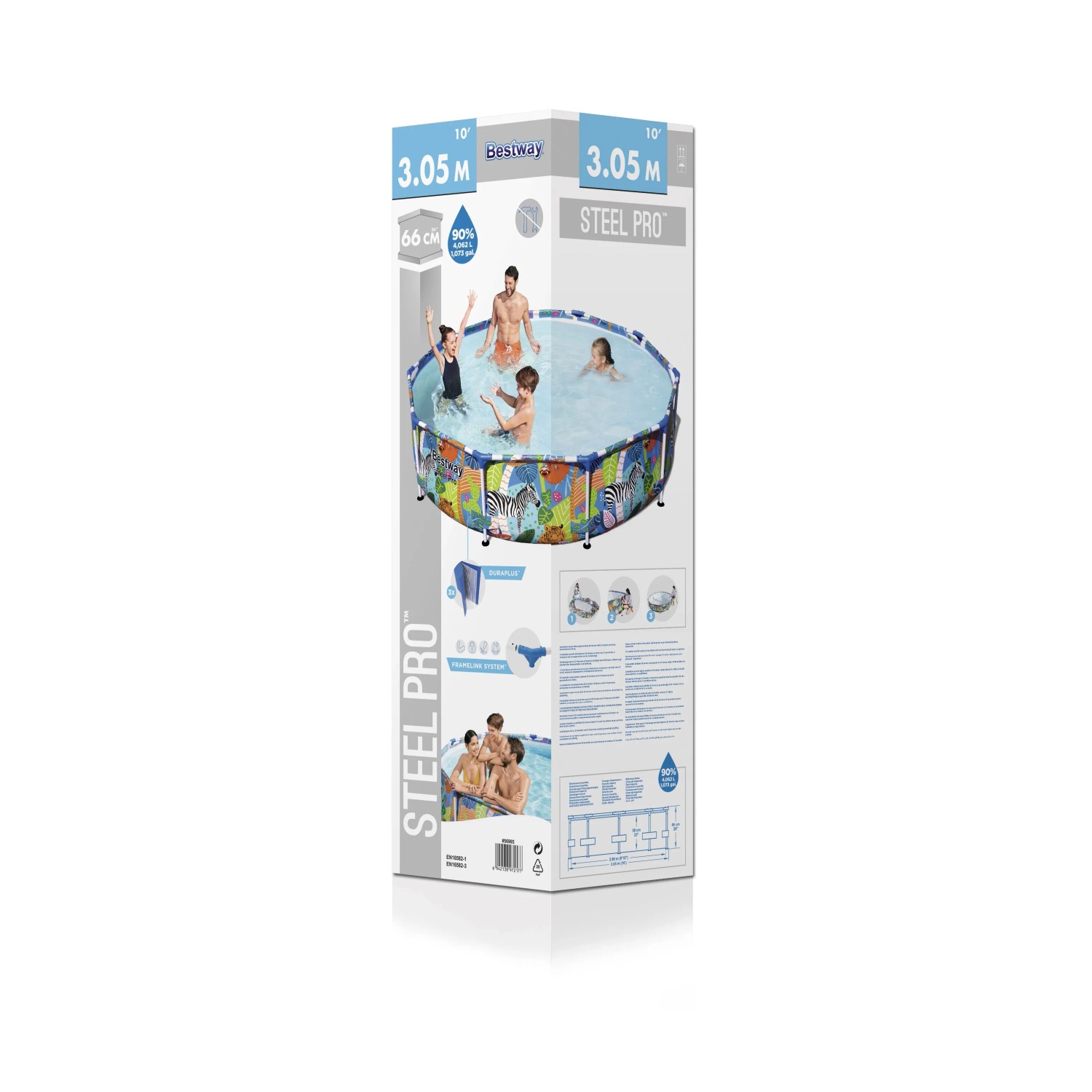 Confezione di una piscina con pareti in acciaio t.b.t. con motivo animale colorato e famiglia in piscina.