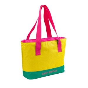 Borsa frigo giallo-verde con manici rosa per campeggio e tempo libero.