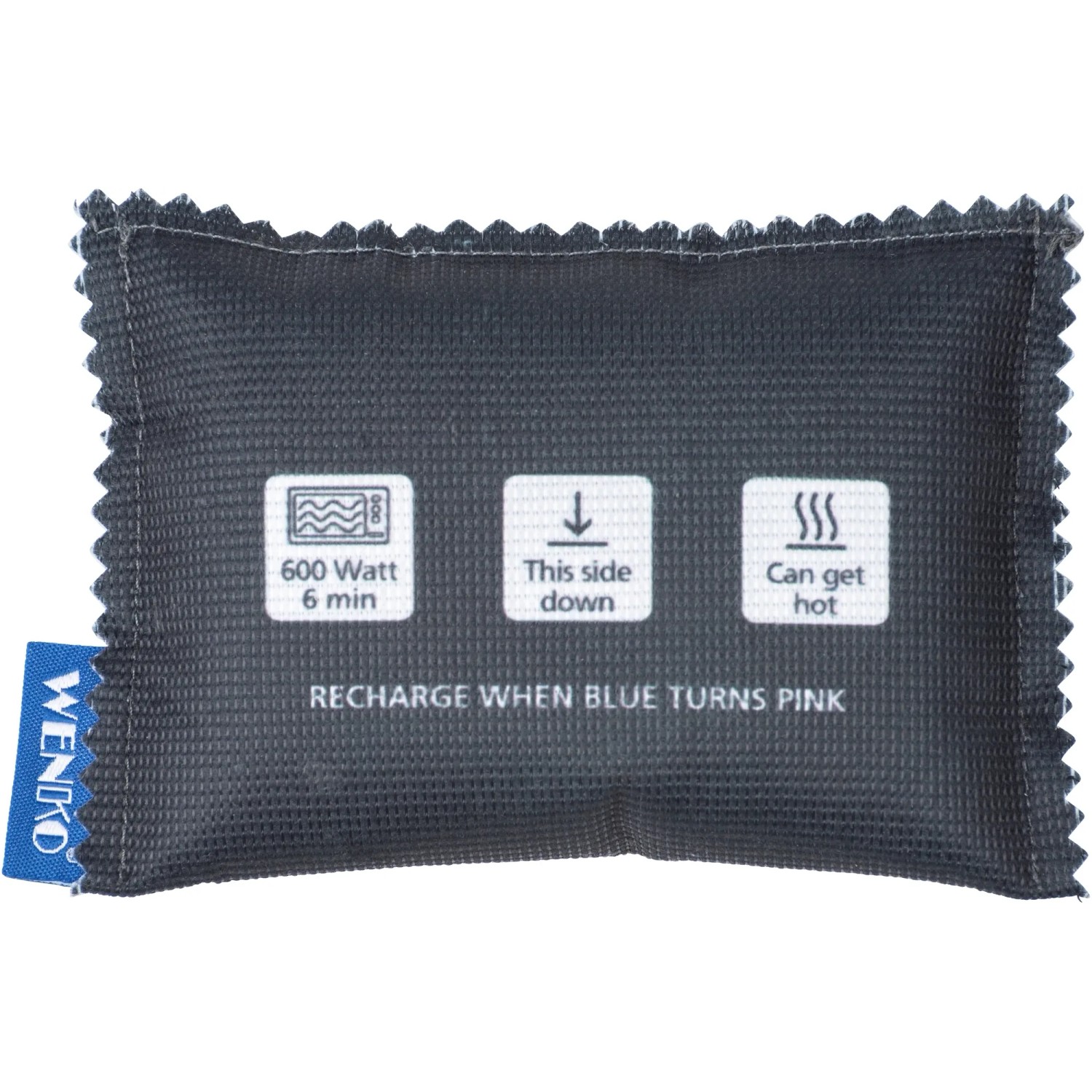 Cuscino deumidificatore t.b.t. con simbolo microonde e istruzioni per la ricarica.