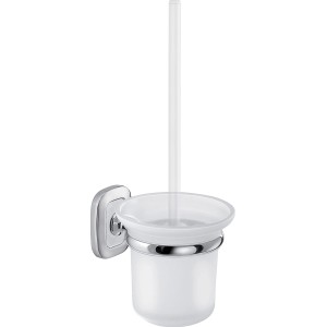 Set scopino WC da parete con contenitore in vetro satinato e supporto cromato.