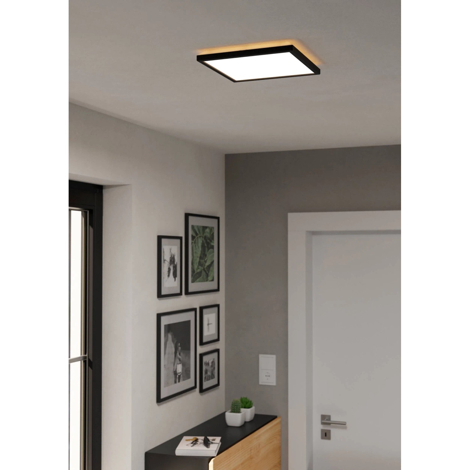 Plafoniera LED quadrata Eglo Rovito, 29x29 cm, con cornice nera. Illuminazione moderna a soffitto.