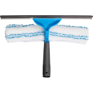 t.b.t. Attrezzo per la pulizia con manico blu e panno bianco per la pulizia dei vetri.