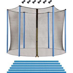 Rete di sicurezza per trampolino da giardino, Ø 305 cm, con pali blu e fissaggi.