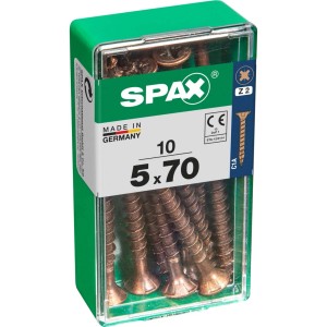 Viti per legno SPAX 5x70, 10 pezzi in contenitore di plastica verde.