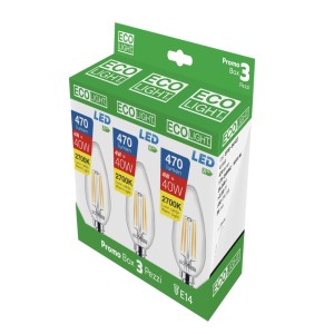 Lampadina LED candela Ecolight chiara 2700K 470 Lm 3 pz