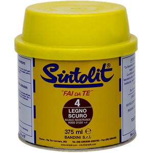 Barattolo giallo di stucco per legno Sintolit, adatto per riparare superfici in legno.