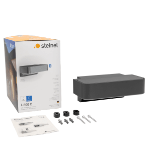 Lampada da esterno a LED Steinel L 800 C antracite, con accessori di montaggio e confezione.